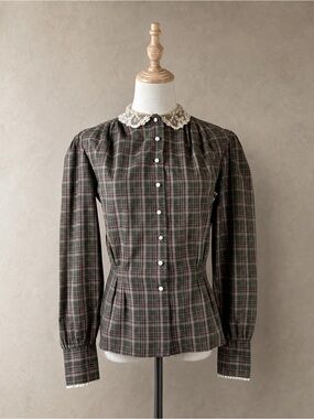 Ralph Lauren Blue Label c. 1980s Lace Collar Blouse Olivewood Plaid | 6